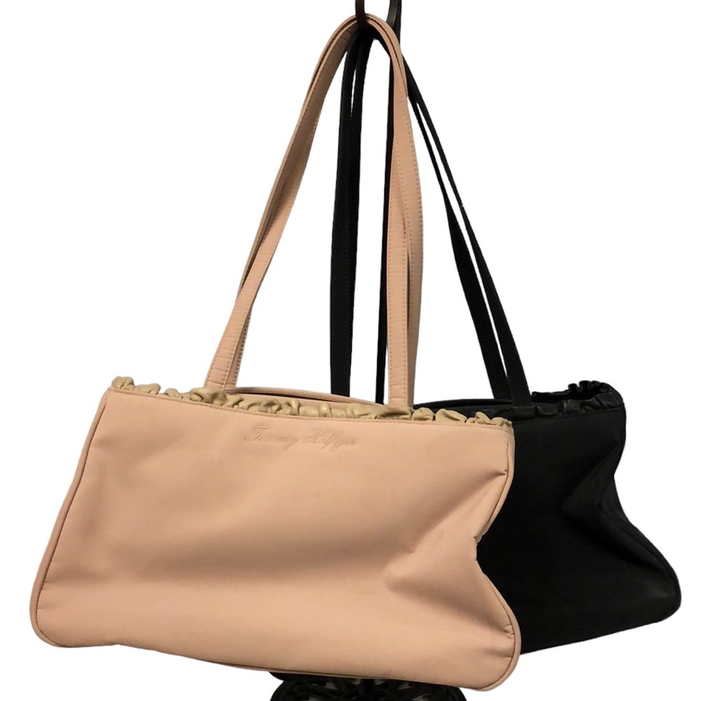 Lot of 2 Vtg Tommy Hilfiger tan & black suede trim vinyl purses 12” x 7.5”